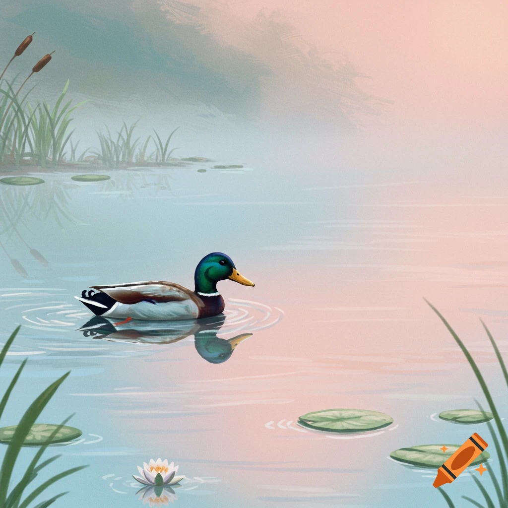 A mallard duck swims in a serene pond with lily pads and cattails under a soft pastel sky, in an illustrated style.