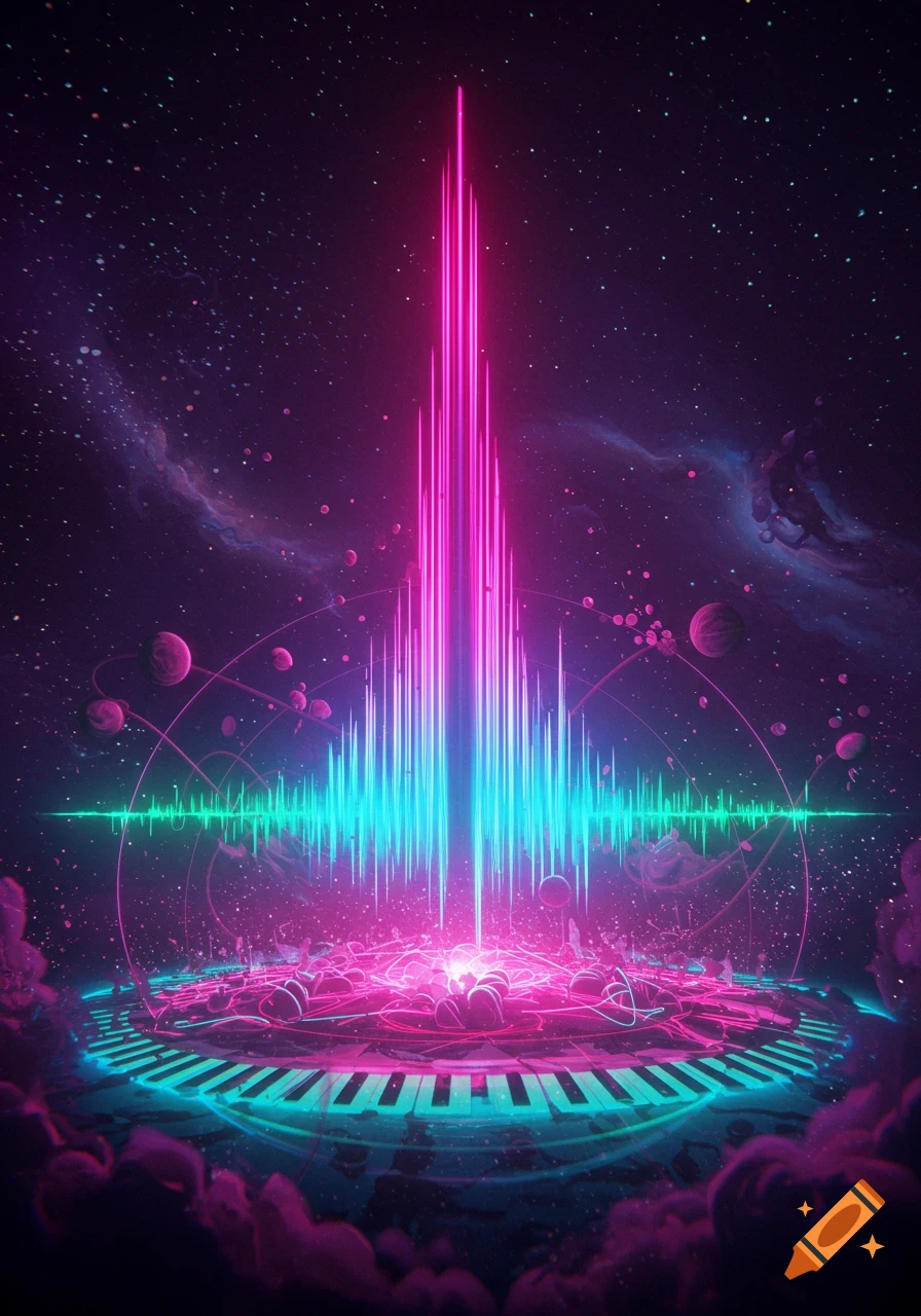 A vibrant, neon-lit abstract depiction of music in space, with an equalizer, planets, and a circular piano keyboard.