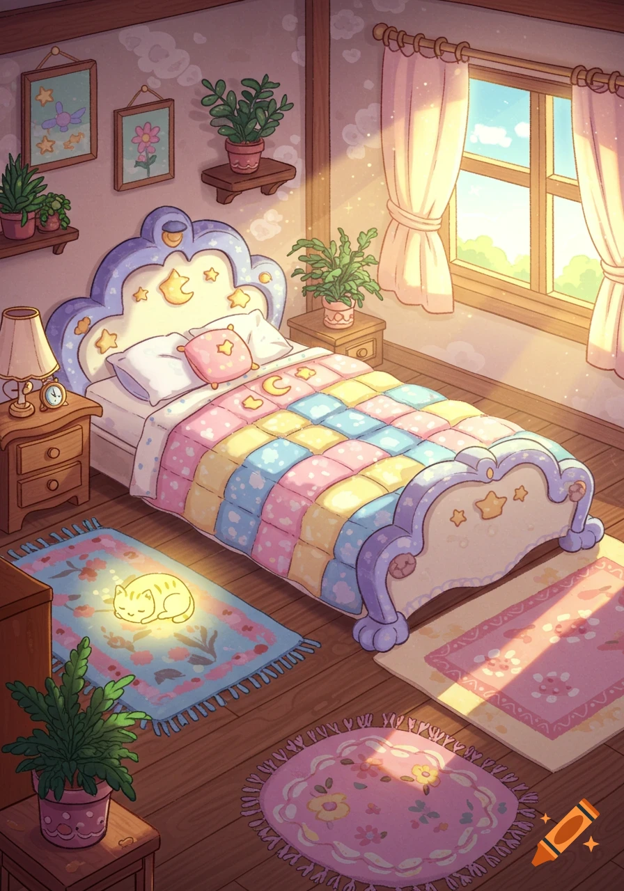 A bright, cozy, cartoon-style bedroom with a star-and-moon bed, colorful quilt, plants, and a glowing cat on a rug.