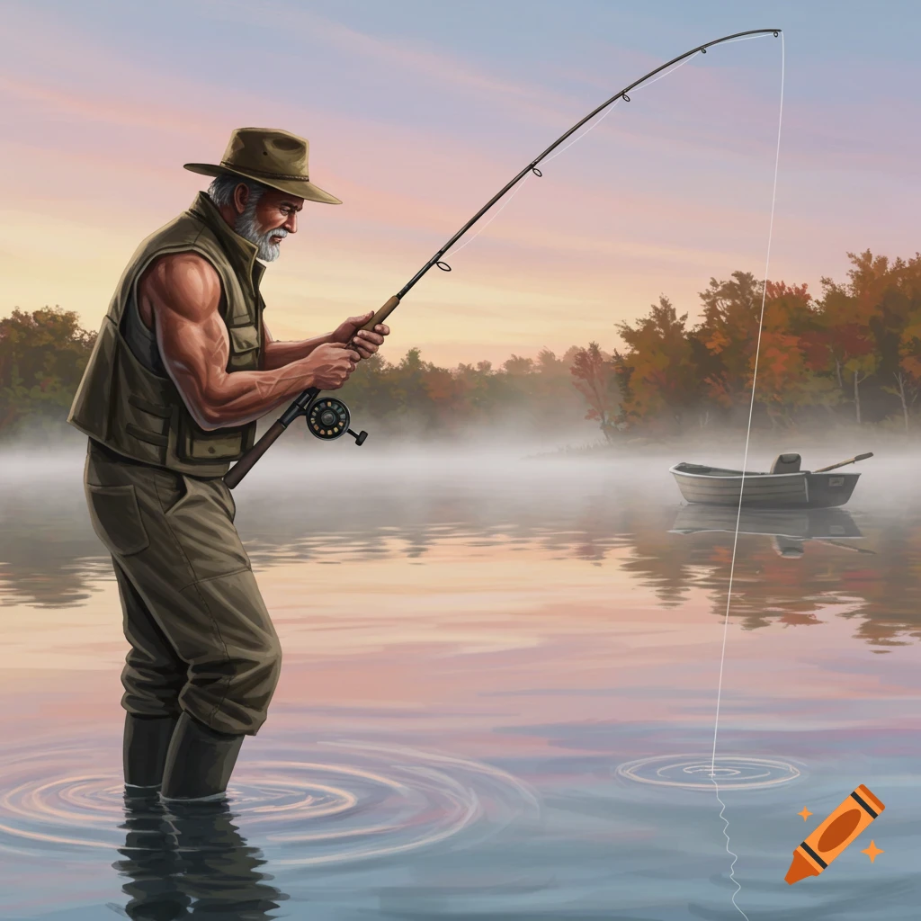 An older man stands in a misty lake, fishing with a rod at dawn, with a small boat floating in the background.
