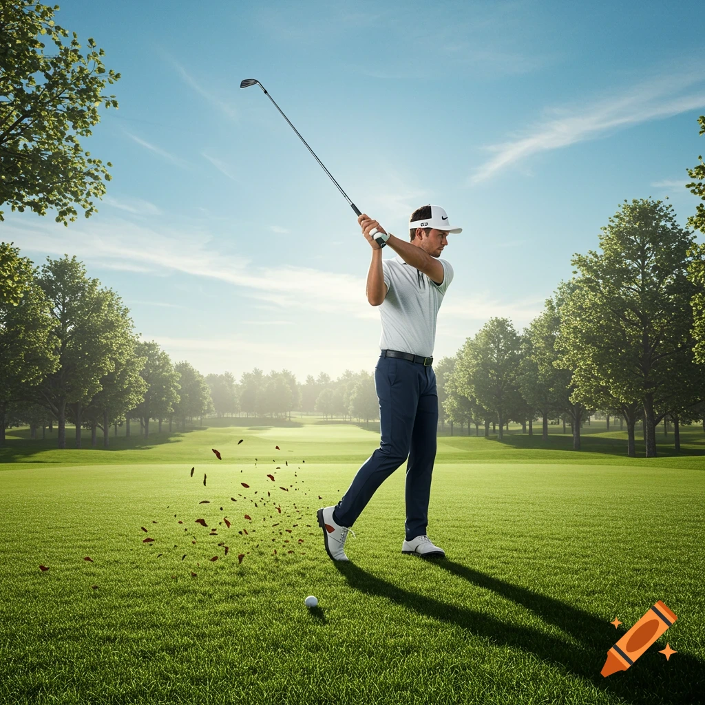 A male golfer in mid-follow-through swing on a sunny green golf course, with dirt flying.