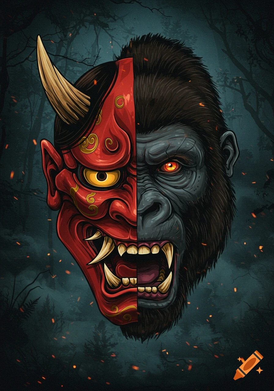 A split-face illustration with a red Japanese oni mask on the left and an angry gorilla face on the right, against a dark forest.