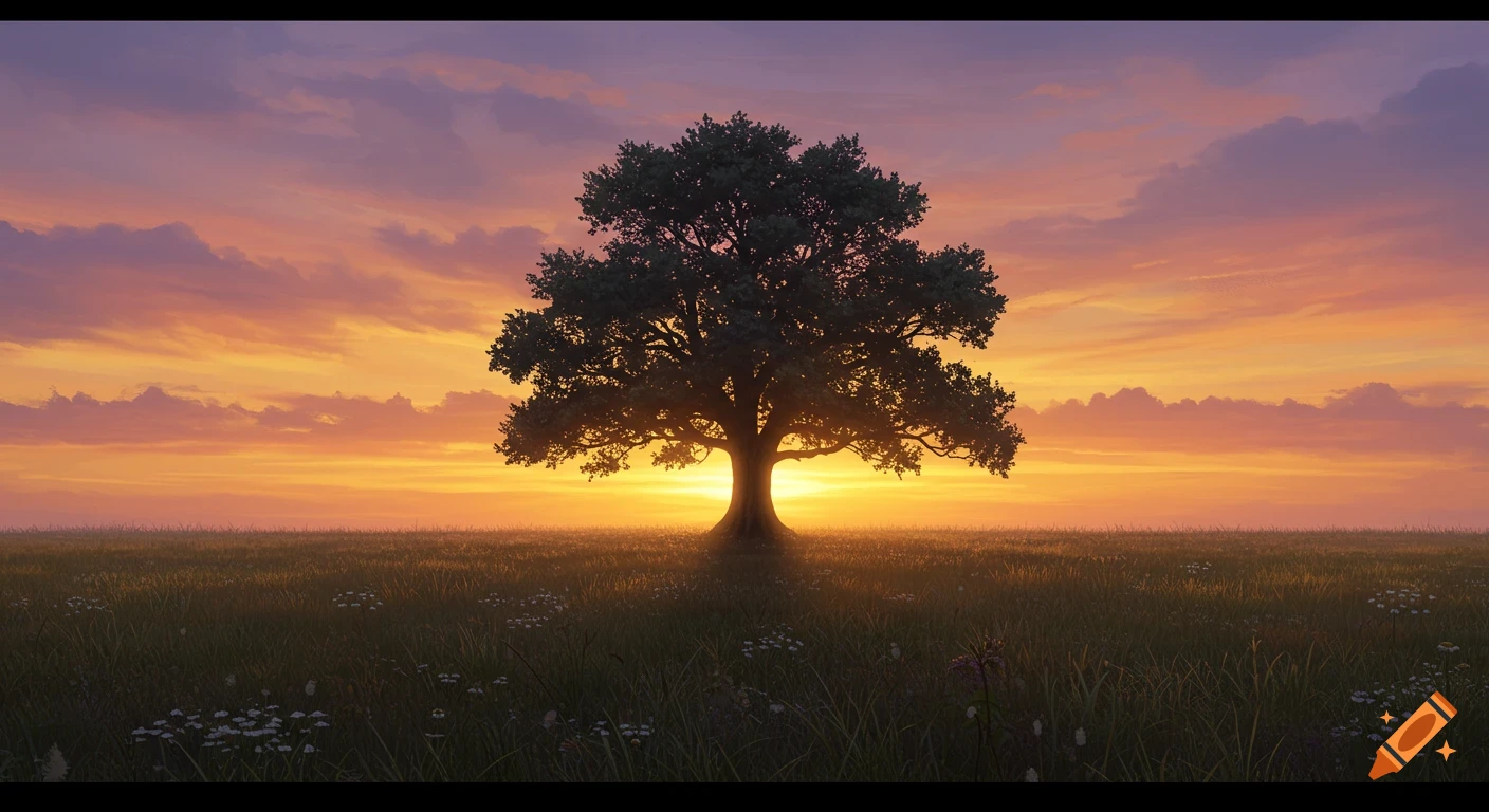 A large tree silhouetted against a vibrant orange and purple sunset sky over a grassy field.