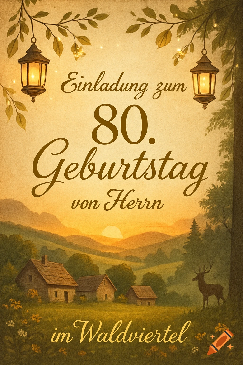 Vintage birthday invitation card for an 80th birthday in Waldviertel, featuring a sunset landscape with houses and a deer.