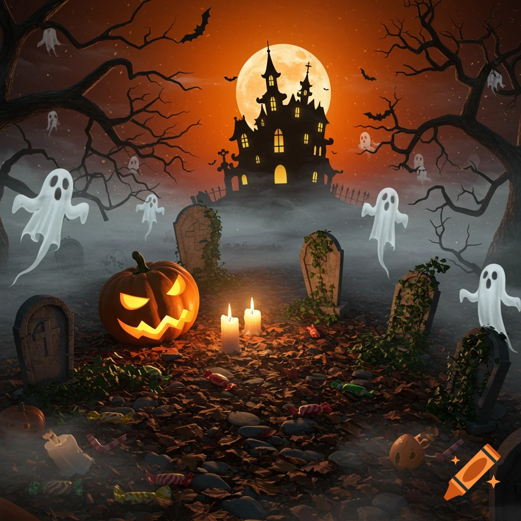 A spooky Halloween cemetery scene with a glowing jack-o'-lantern, ghosts, gravestones, and a haunted house under an orange full moon.