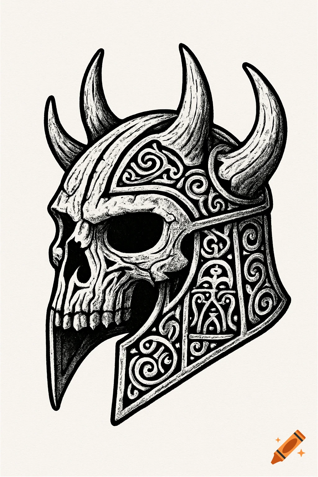 Black and white tattoo stencil illustration of a horned skull helmet with intricate Celtic-inspired patterns.