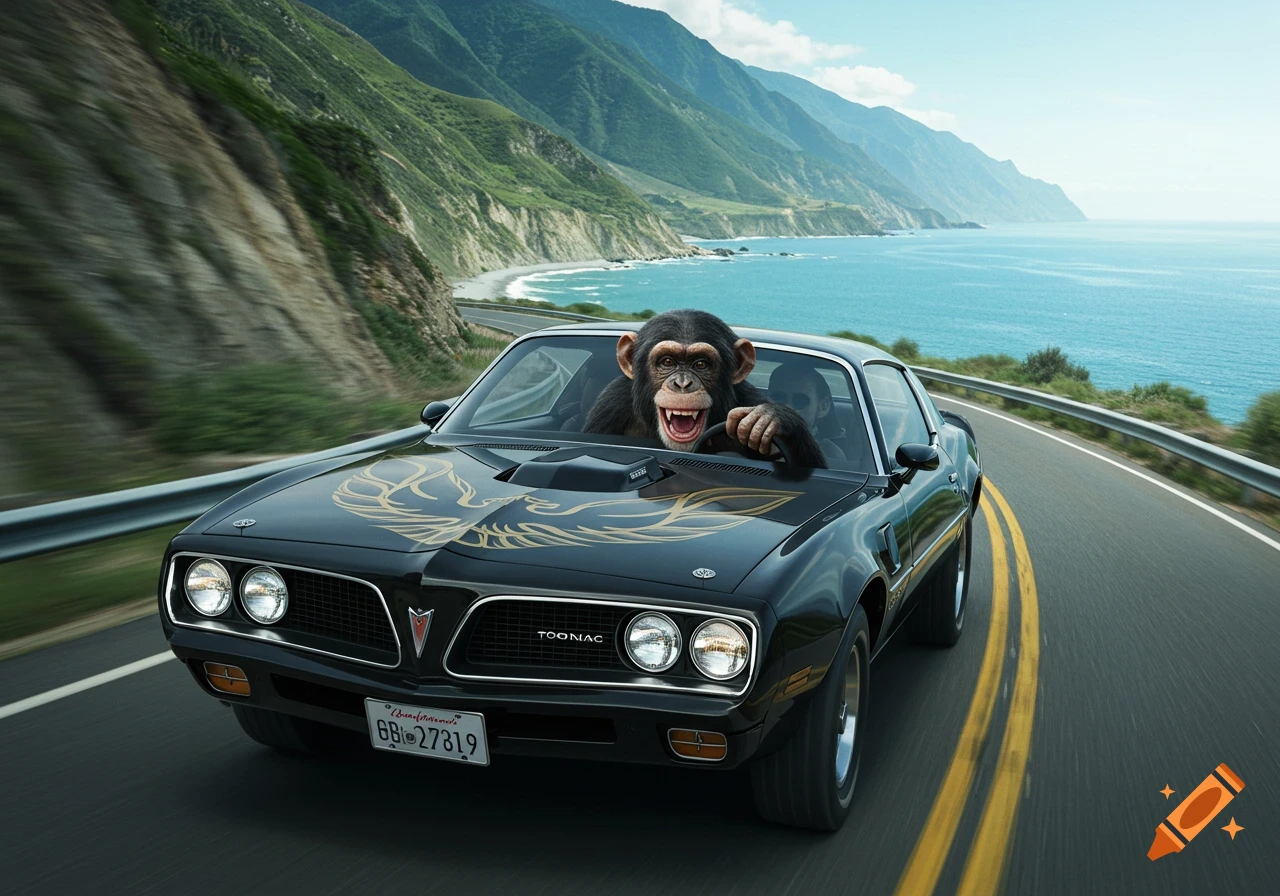A photorealistic chimpanzee driving a black Pontiac Trans Am on a scenic coastal highway with mountains and ocean.