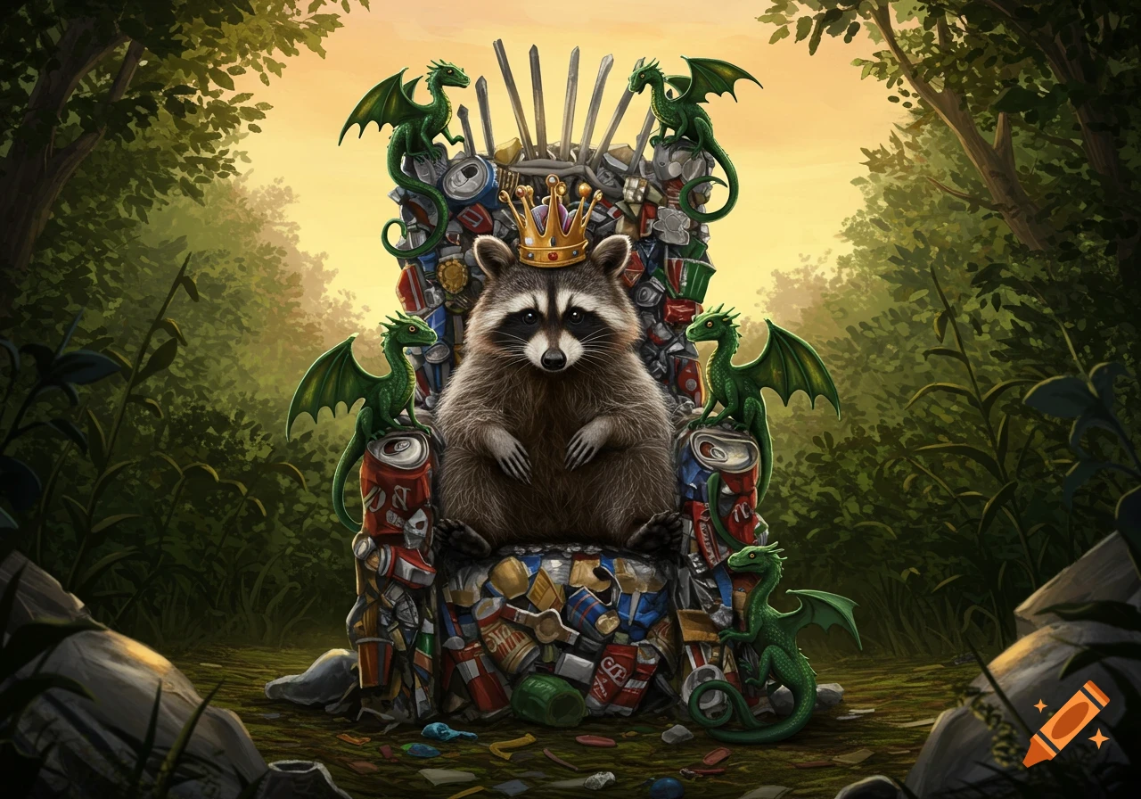 A majestic raccoon king wearing a golden crown sits on a throne made of colorful trash, flanked by green dragons in a lush forest setting.