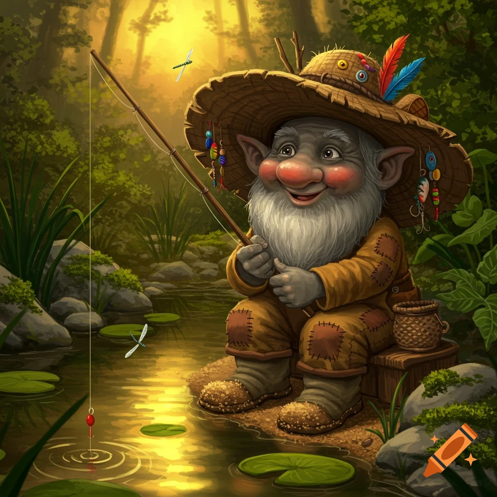 A whimsical grey-skinned gnome with a large straw hat and white beard smiles while fishing in a sunny forest stream with lily pads.