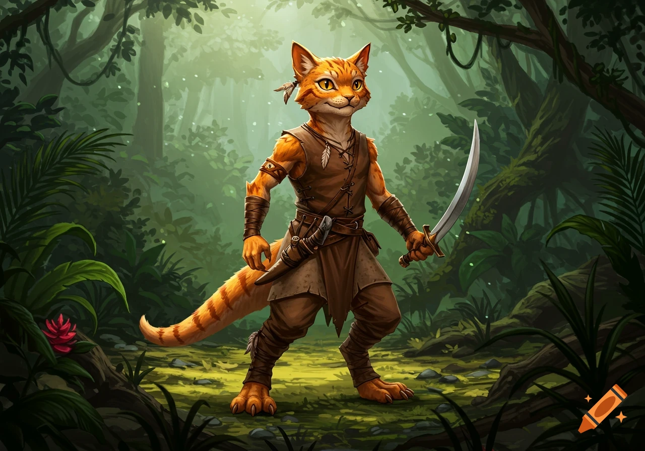 An orange catfolk adventurer stands holding a scimitar in a lush jungle, digital painting.