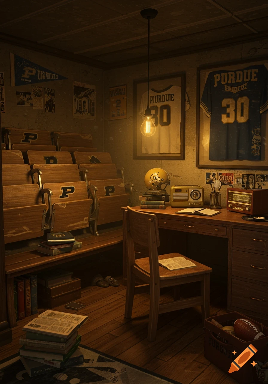 A vintage-themed dorm room with old wooden stadium seats, a desk, and Purdue jerseys and memorabilia on the walls.