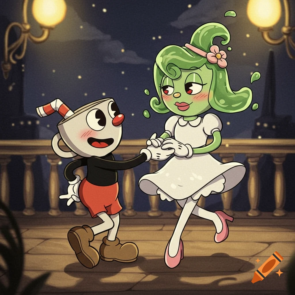 Cuphead dances with a blushing green tea girl on a night balcony, Cuphead cartoon style.