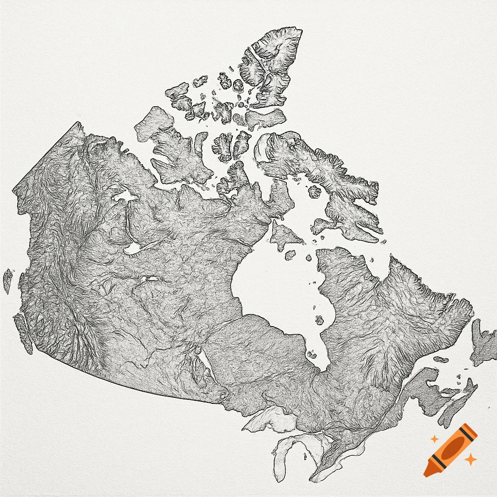 Black and white topographic-style map of Canada, showing detailed landforms.