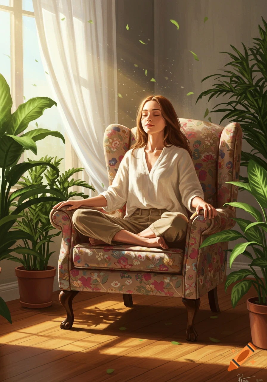 A serene woman meditates in a floral armchair amidst green plants, bathed in warm sunlight from a window. Digital painting.