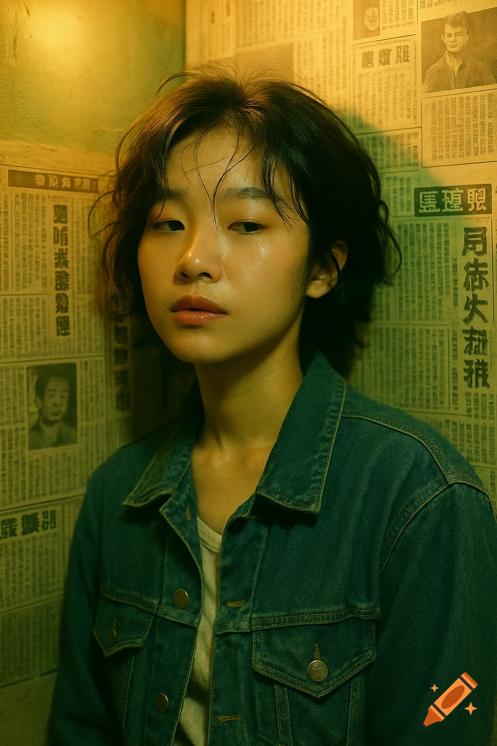 Photorealistic retro portrait of a young woman with messy hair, dewy skin, wearing a denim jacket, against a yellowed newspaper wall with warm, green lighting.