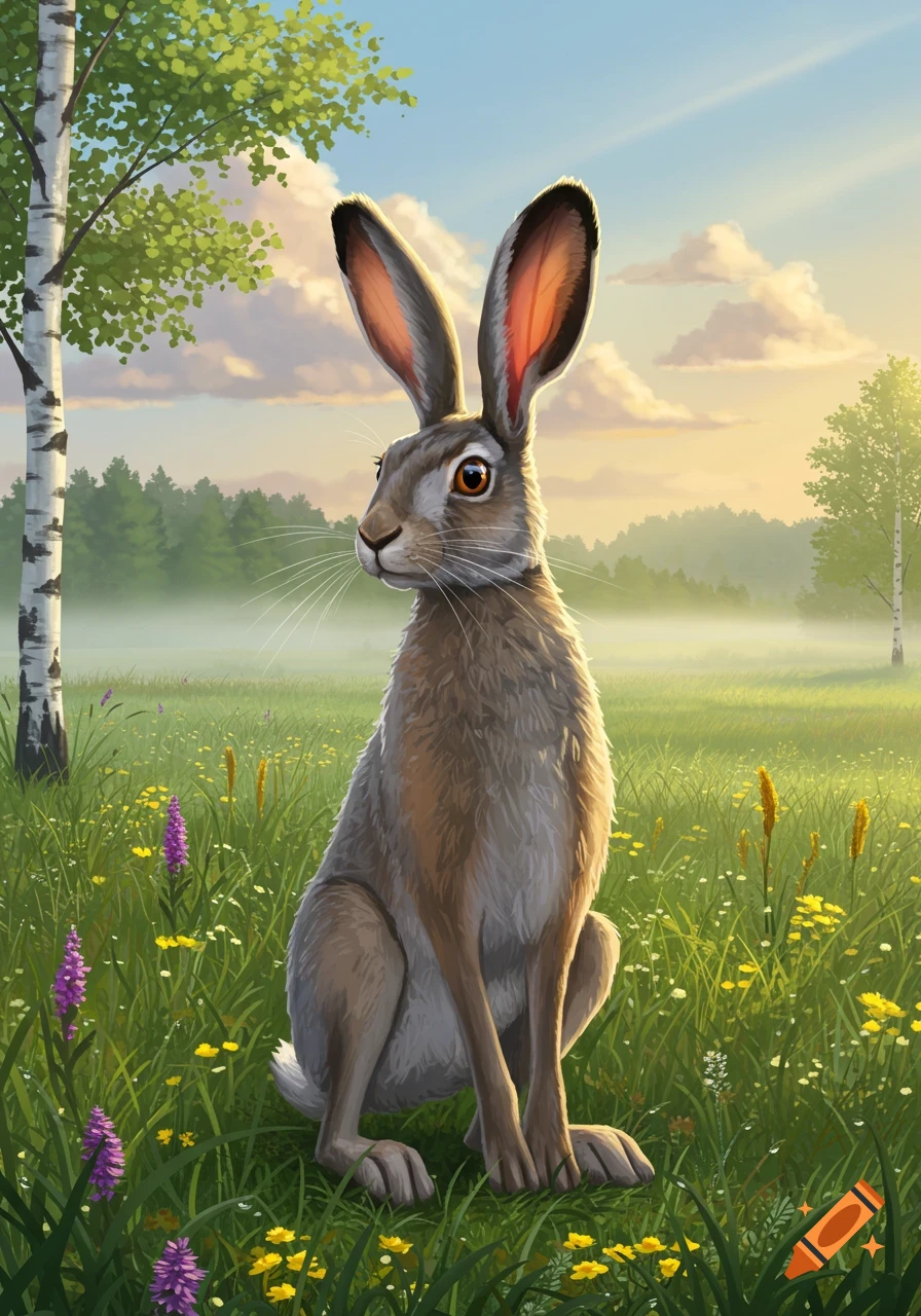 A realistic illustration of a brown hare sitting in a sunlit grassy field with purple and yellow wildflowers and birch trees, looking left.