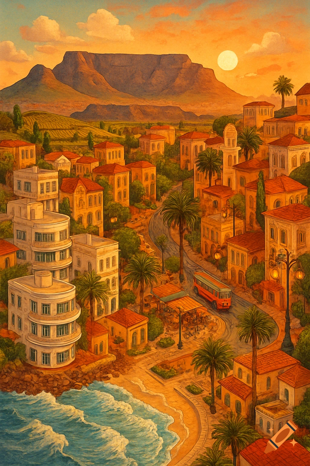 A vibrant painting of a coastal city with orange-roofed buildings, palm trees, a tram on a winding road, and a beach with blue waves, set against mountains under an orange sunset sky.