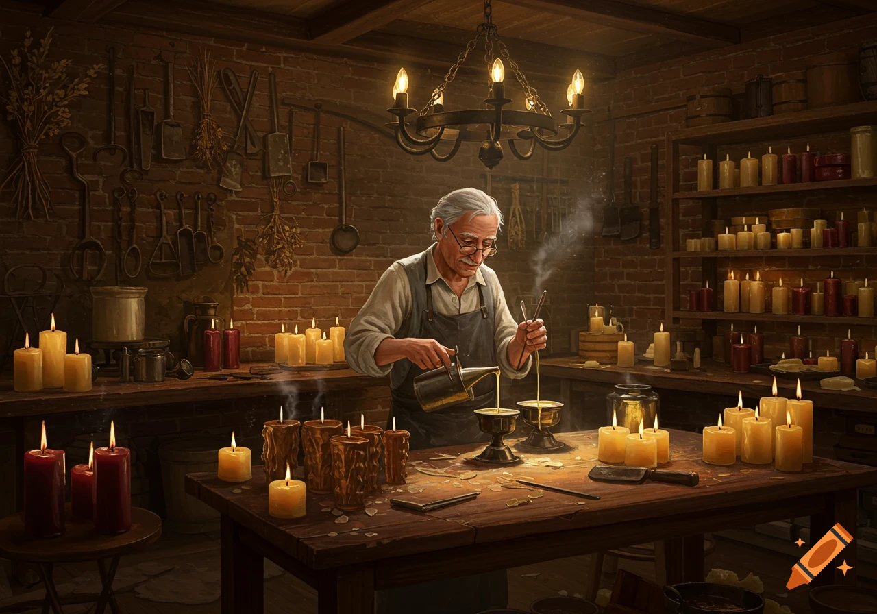An old artisan pours wax into molds, making candles in a rustic, candle-lit workshop.
