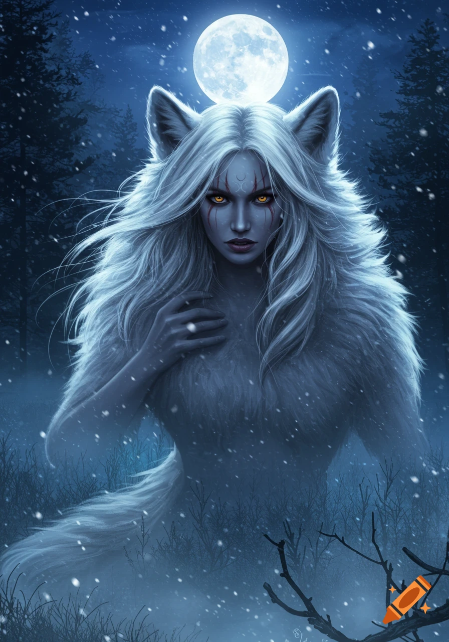 A fierce white-furred woman-wolf with yellow eyes and dark facial markings stands in a snowy forest under a full moon, fantasy art.