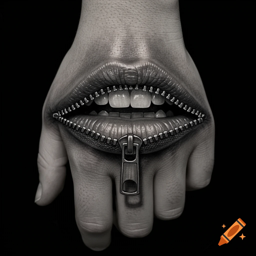 Hyper-realistic grayscale tattoo on a hand of a human mouth with a zipper closing it completely.