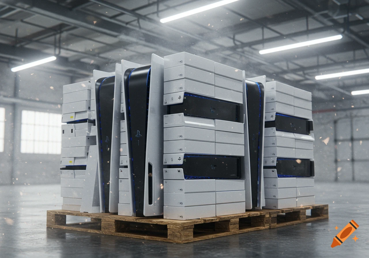 A large stack of PlayStation 5 consoles and console-like boxes on a wooden pallet in a dimly lit warehouse.