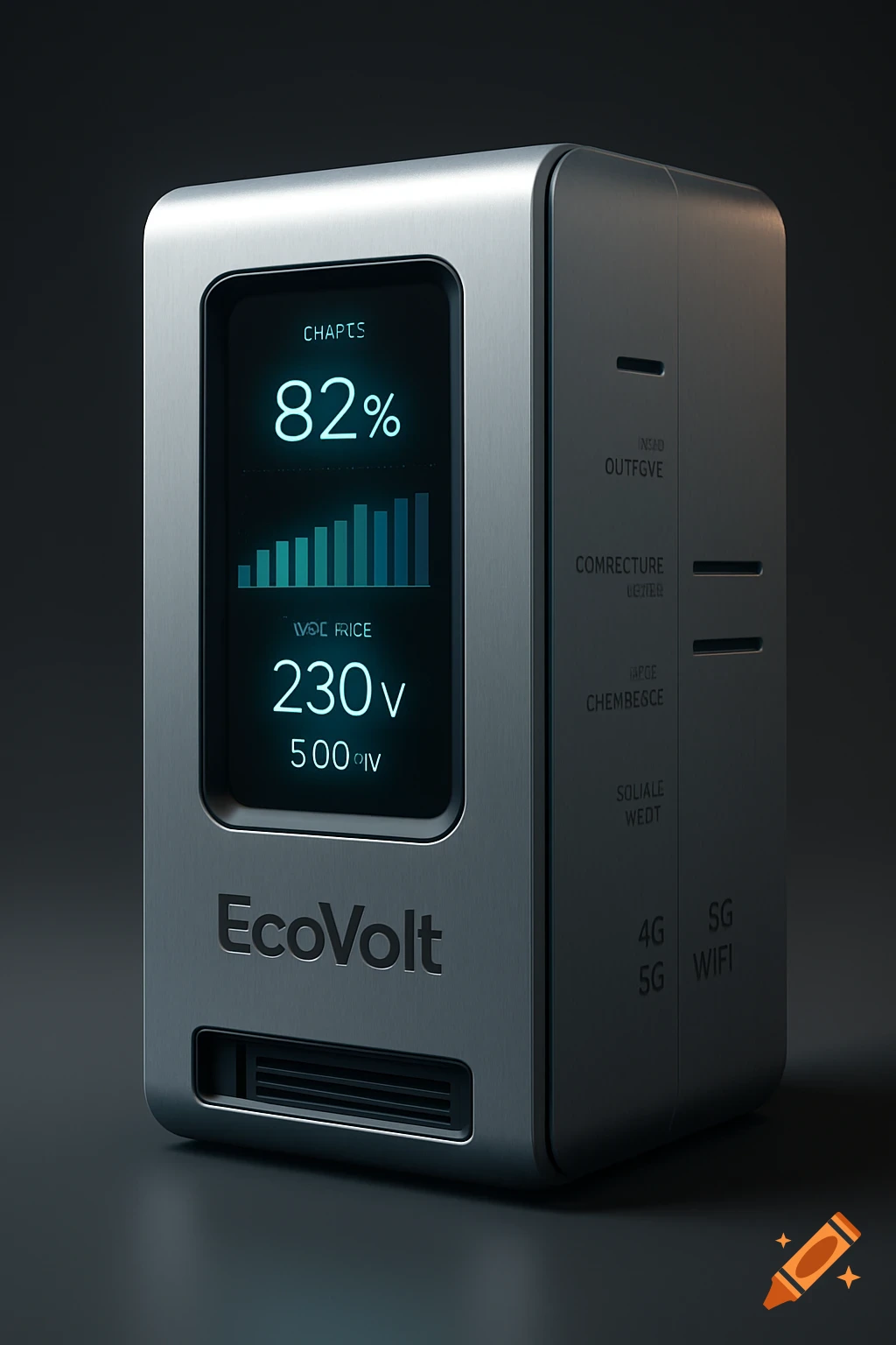 A sleek, silver, rectangular device labeled "EcoVolt" with a glowing screen showing "82%", "230V", and a bar graph, with "4G", "5G", "WIFI" on the side.