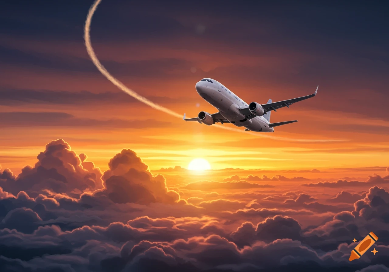 A white airplane soars through a sunset sky above golden-lit clouds, leaving a contrail.