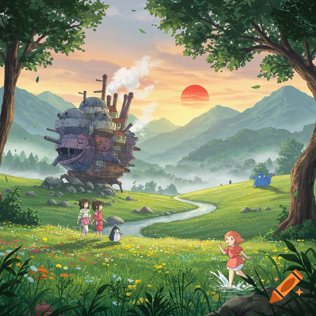 A vibrant Studio Ghibli landscape with Howl's Moving Castle, characters resembling Chihiro and Ponyo, in a sunny meadow.