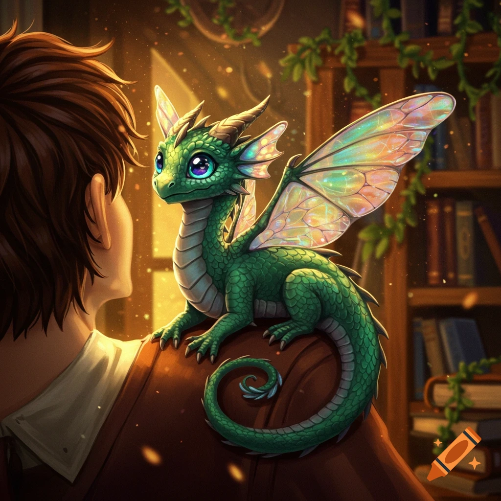 A small, cute green dragon with iridescent wings sits on a person's shoulder in a softly lit room with bookshelves.
