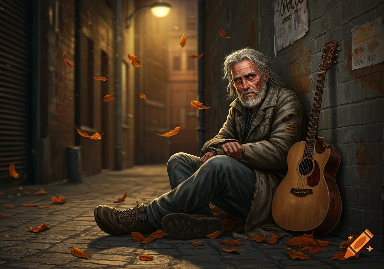 A photorealistic image of an old, bearded homeless man with long gray hair sitting in a dark alley with a guitar, surrounded by falling autumn leaves.