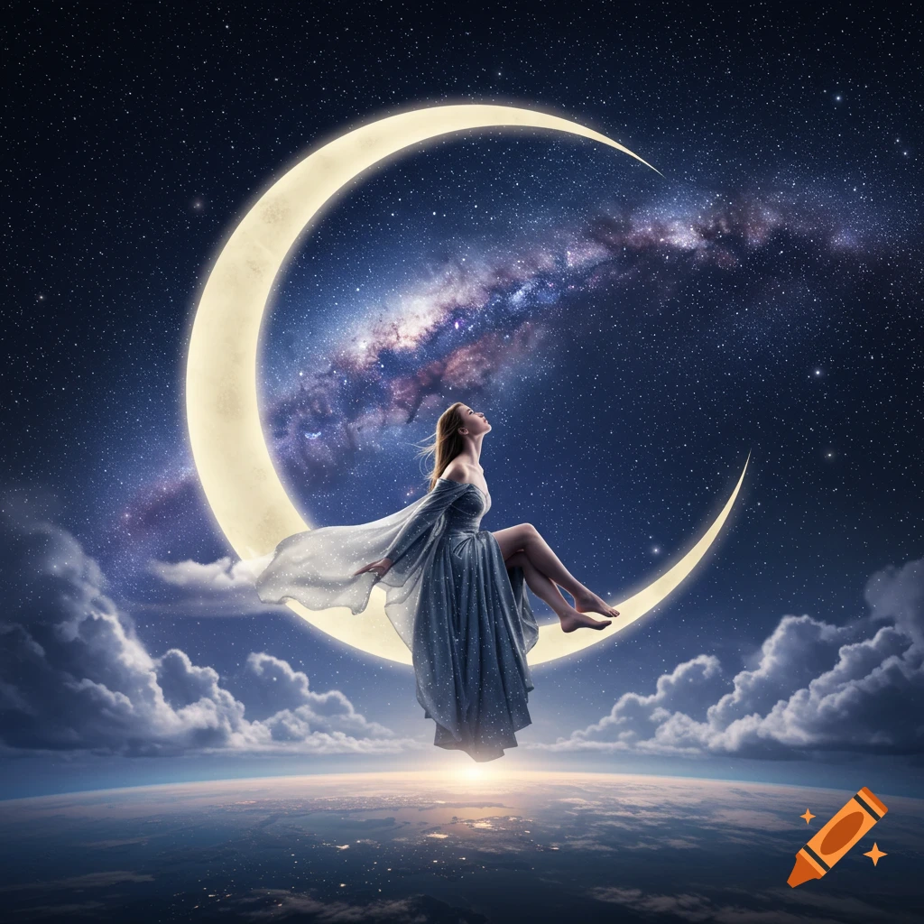 A woman in a flowing gown sits on a crescent moon, looking at a galaxy in the starry night sky above Earth.