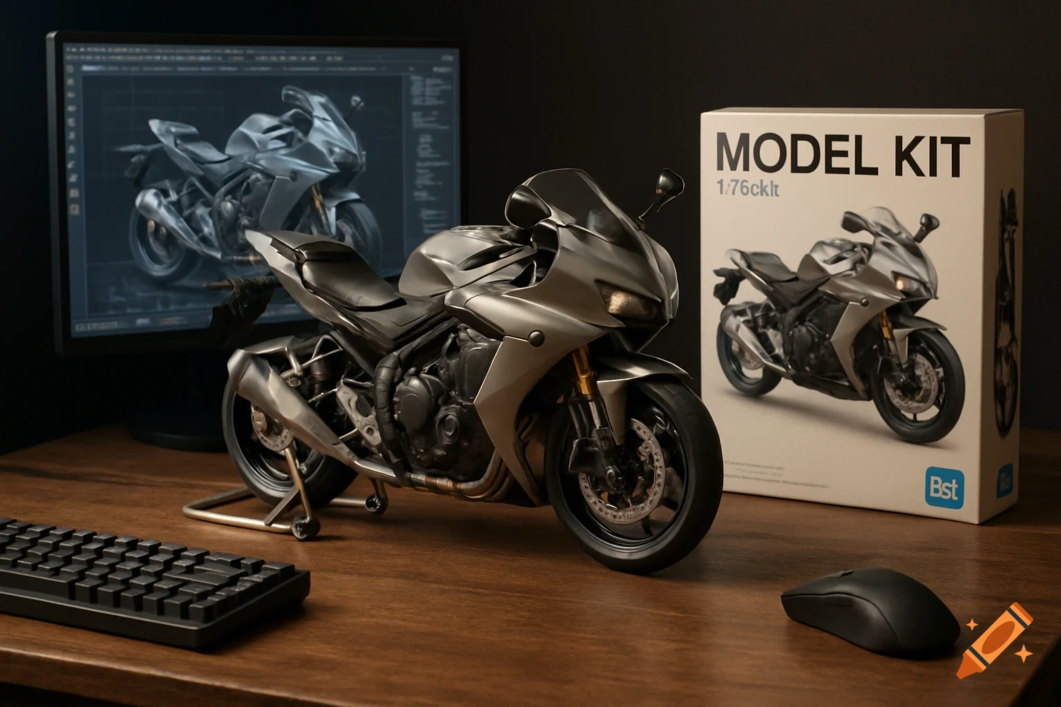 A detailed 1/7 scale model motorcycle on a stand on a wooden desk with a keyboard, mouse, and a computer monitor showing a 3D wireframe design, next to a model kit box.