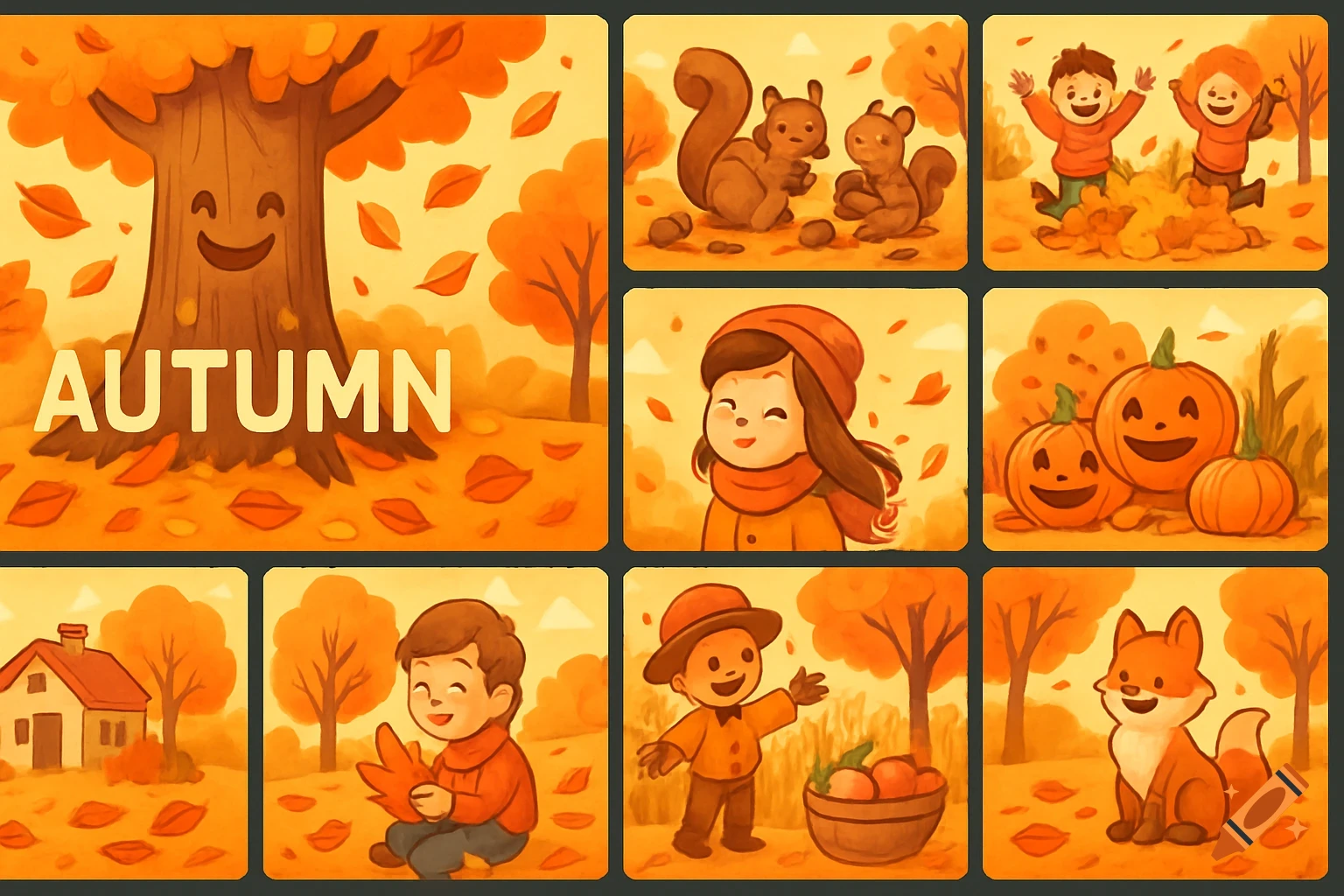 A grid of nine cartoon autumn scenes featuring children playing, squirrels, smiling pumpkins, a house, and a fox, all in warm orange tones.