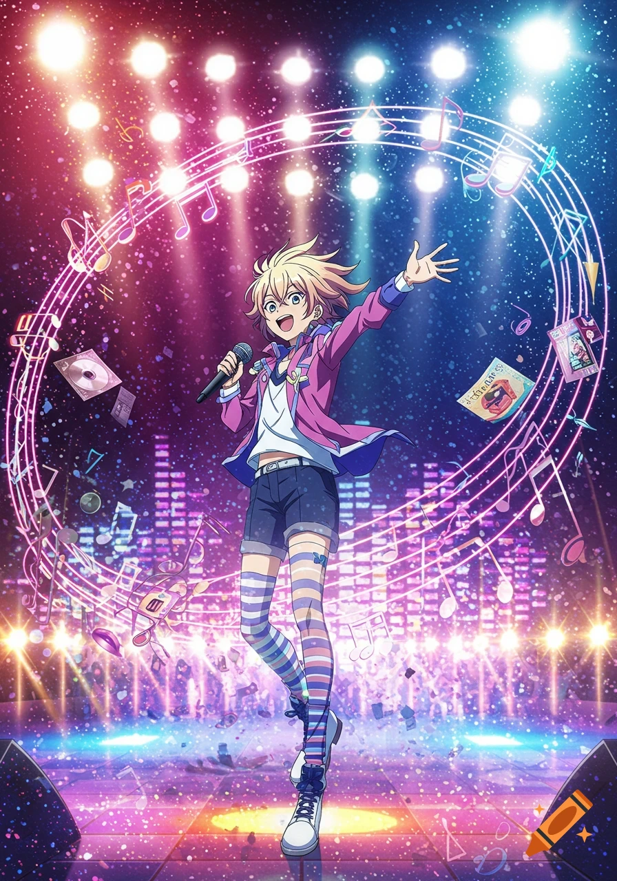 A vibrant anime-style character with blonde hair sings on a brightly lit stage, surrounded by musical notes and floating records.