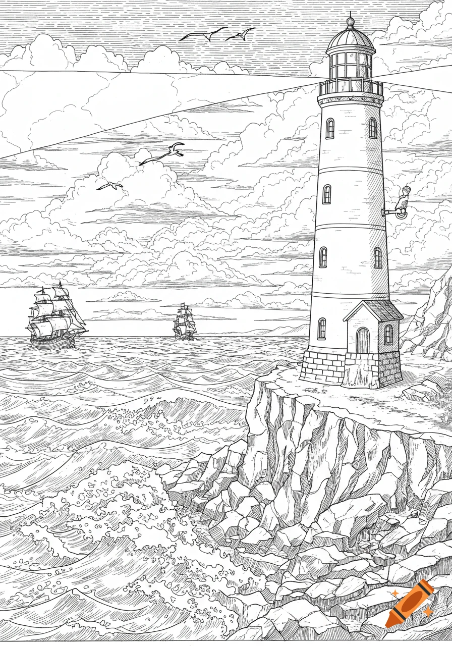 A black and white line drawing for coloring shows a lighthouse on a rocky cliff overlooking a wavy sea with two sailing ships.
