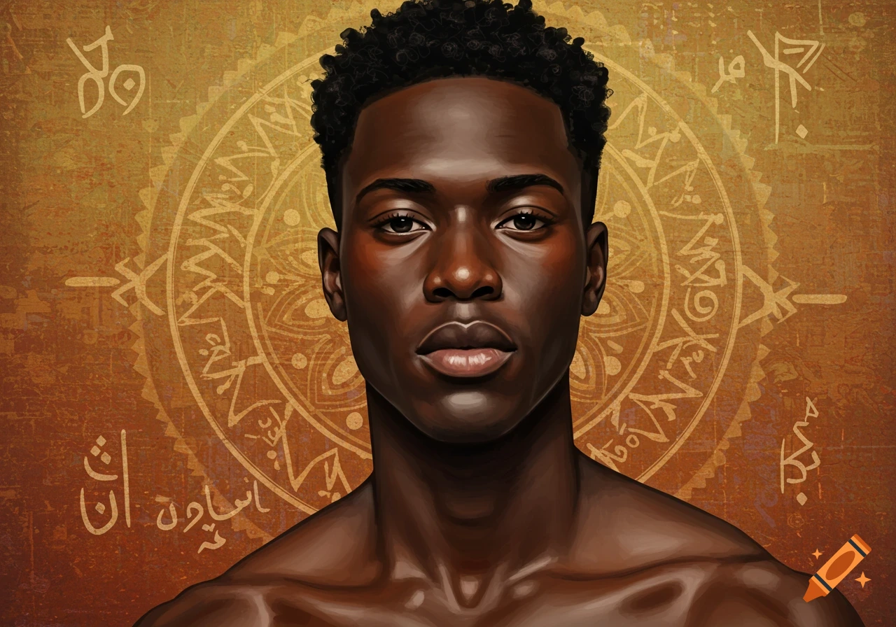 A striking digital art portrait of a young Black man with dark skin, looking directly ahead, set against an earthy orange background with decorative, circular patterns and stylized script.