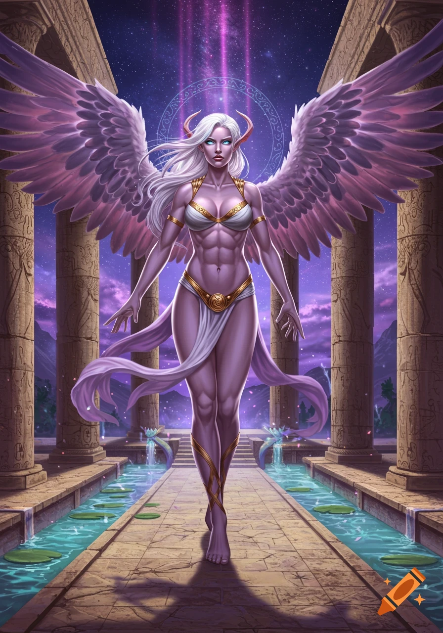 Muscular winged aasimar female with white hair and purple skin walks down a temple path under a starry night sky, illustration.