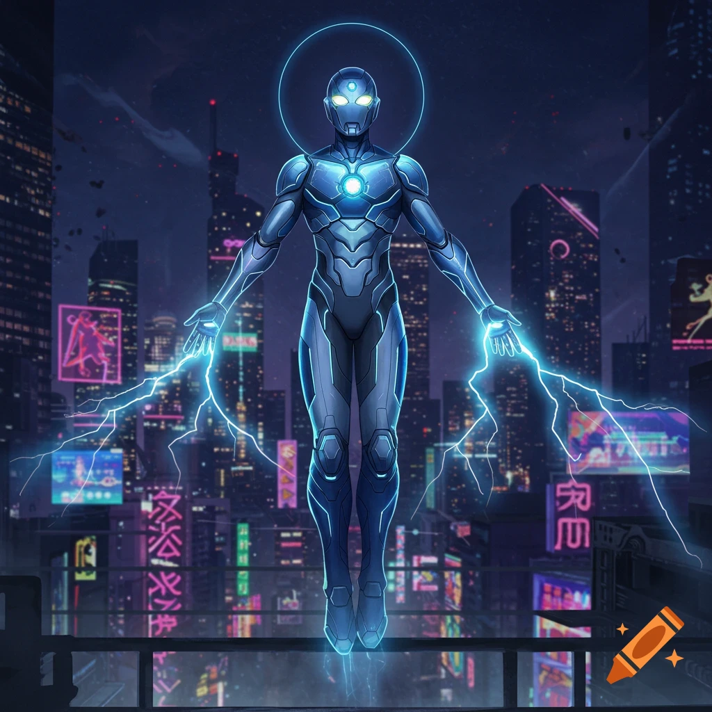 Blue and silver armored superhero robot hovers over a futuristic cyberpunk city at night, emitting blue lightning and light.