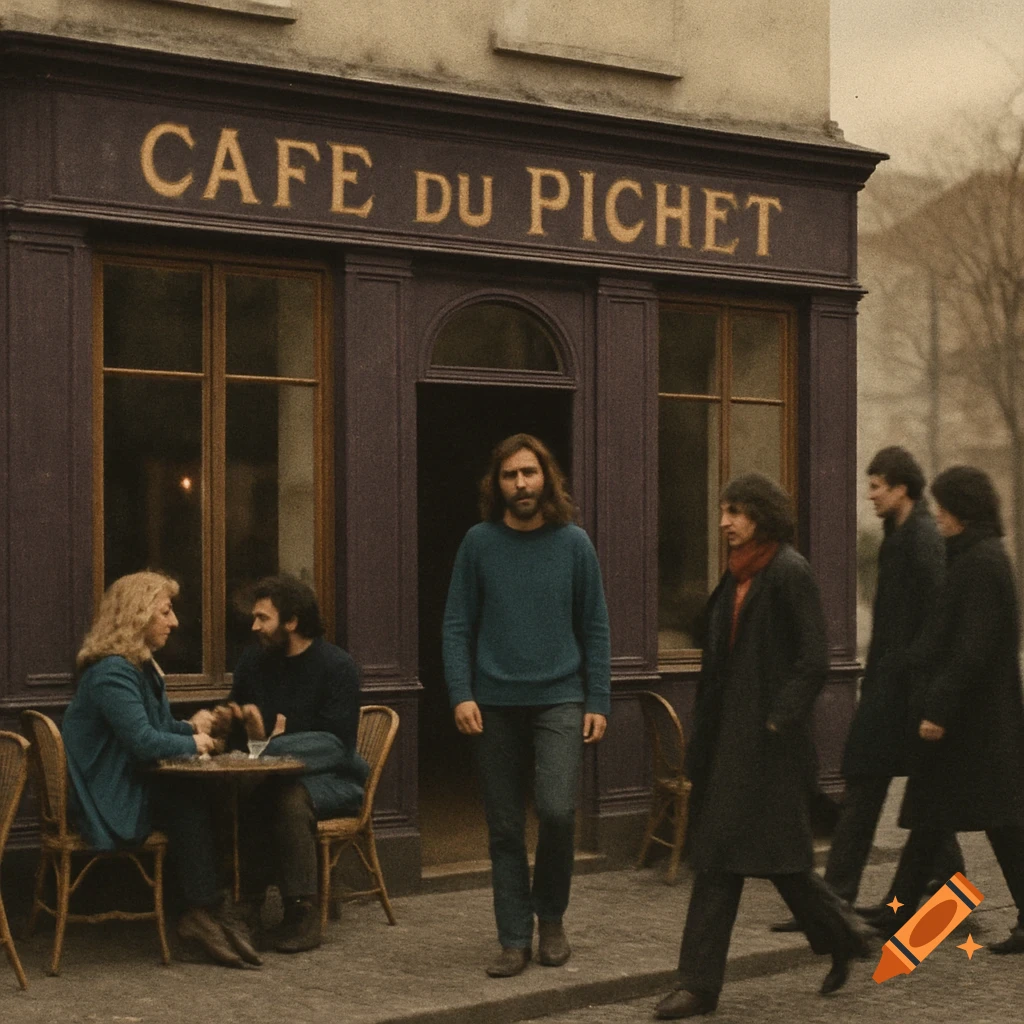 A vintage photograph of people outside a cafe with "CAFE DU PICHET" on its dark facade, one man stepping out, others sitting or walking by.