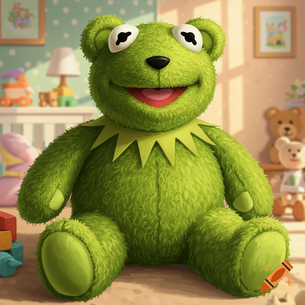 A realistic green Kermit the Frog teddy bear sits smiling in a sunlit nursery.