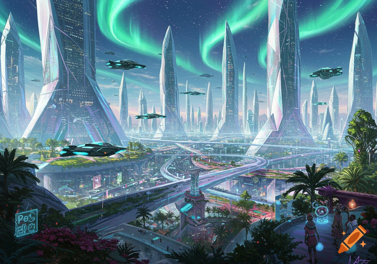 A vibrant, futuristic city with towering, crystalline skyscrapers under a starry sky with green aurora, full of flying vehicles and lush greenery.