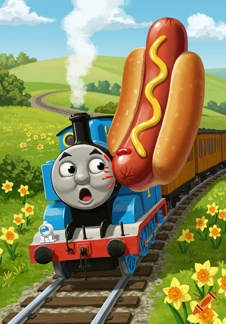Cartoon illustration of Thomas the Tank Engine with a shocked expression getting hit in the face by a giant hotdog on a train track in a green, flowery countryside.