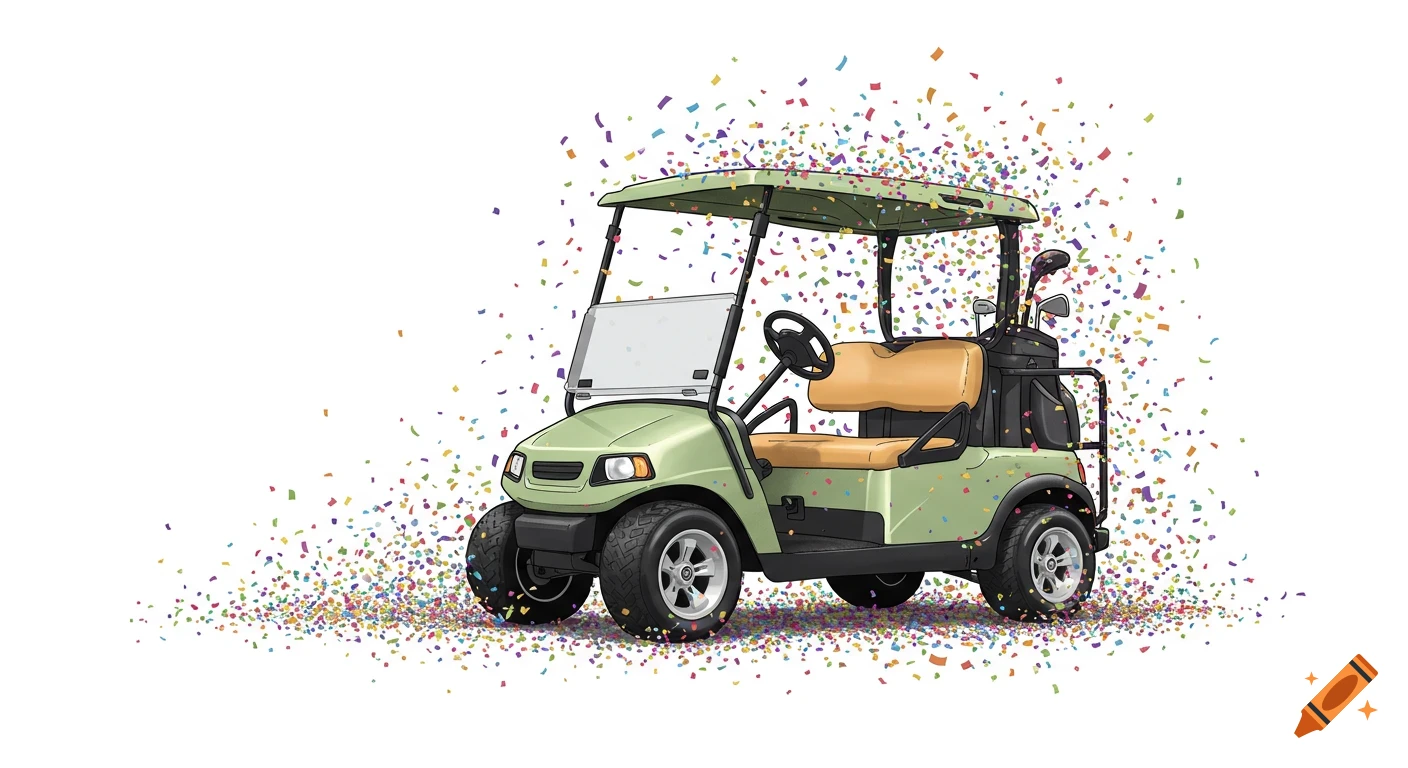 A stylized illustration of a light green golf cart with tan seats, surrounded by colorful confetti, on a white background.
