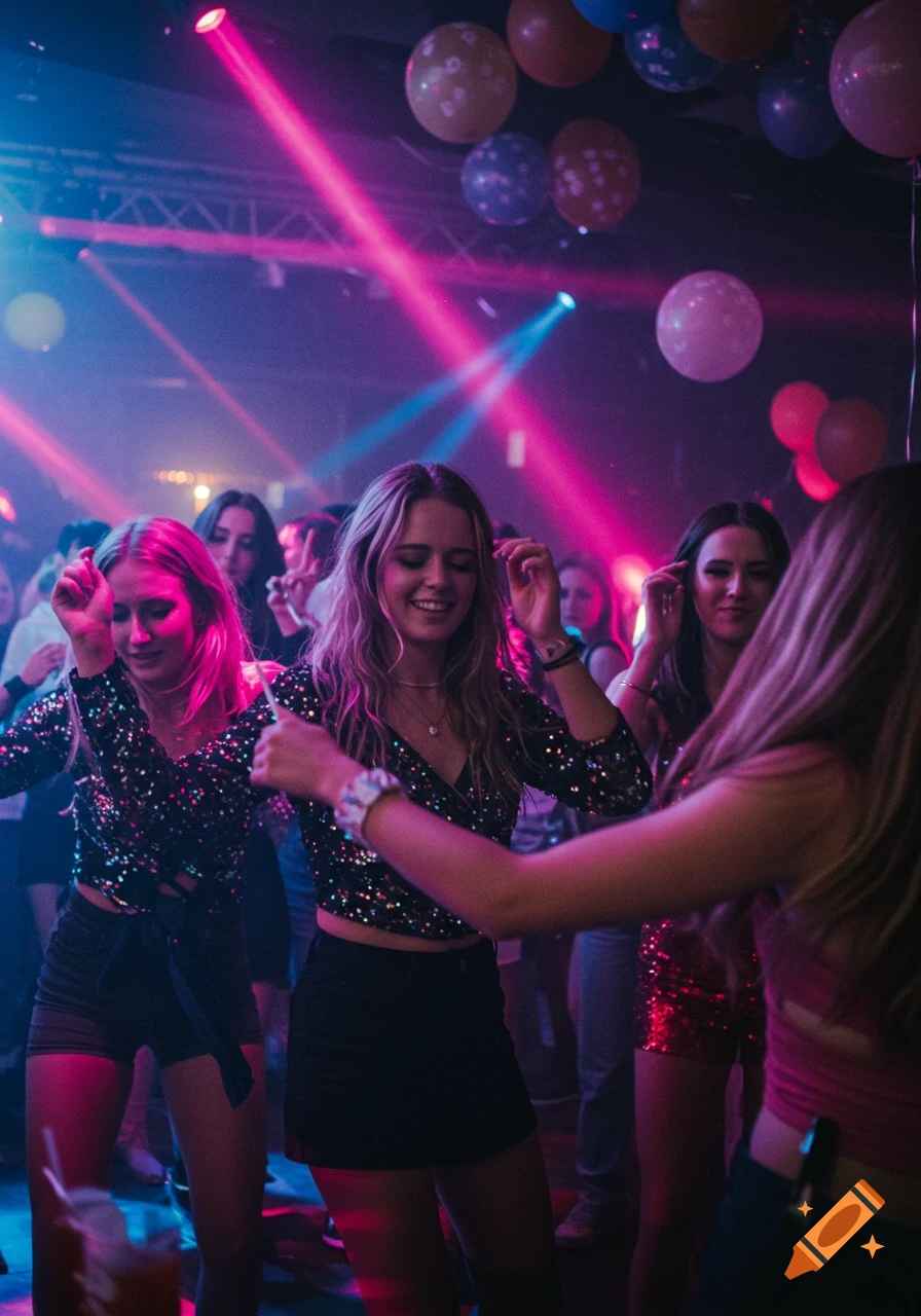 Photorealistic image of young women dancing at a lively party with colorful pink and blue lights and balloons.