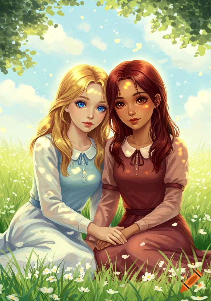 Two anime girls, one blonde with blue eyes and one with brown hair and brown eyes, sit in a sunny field of green grass and white flowers.