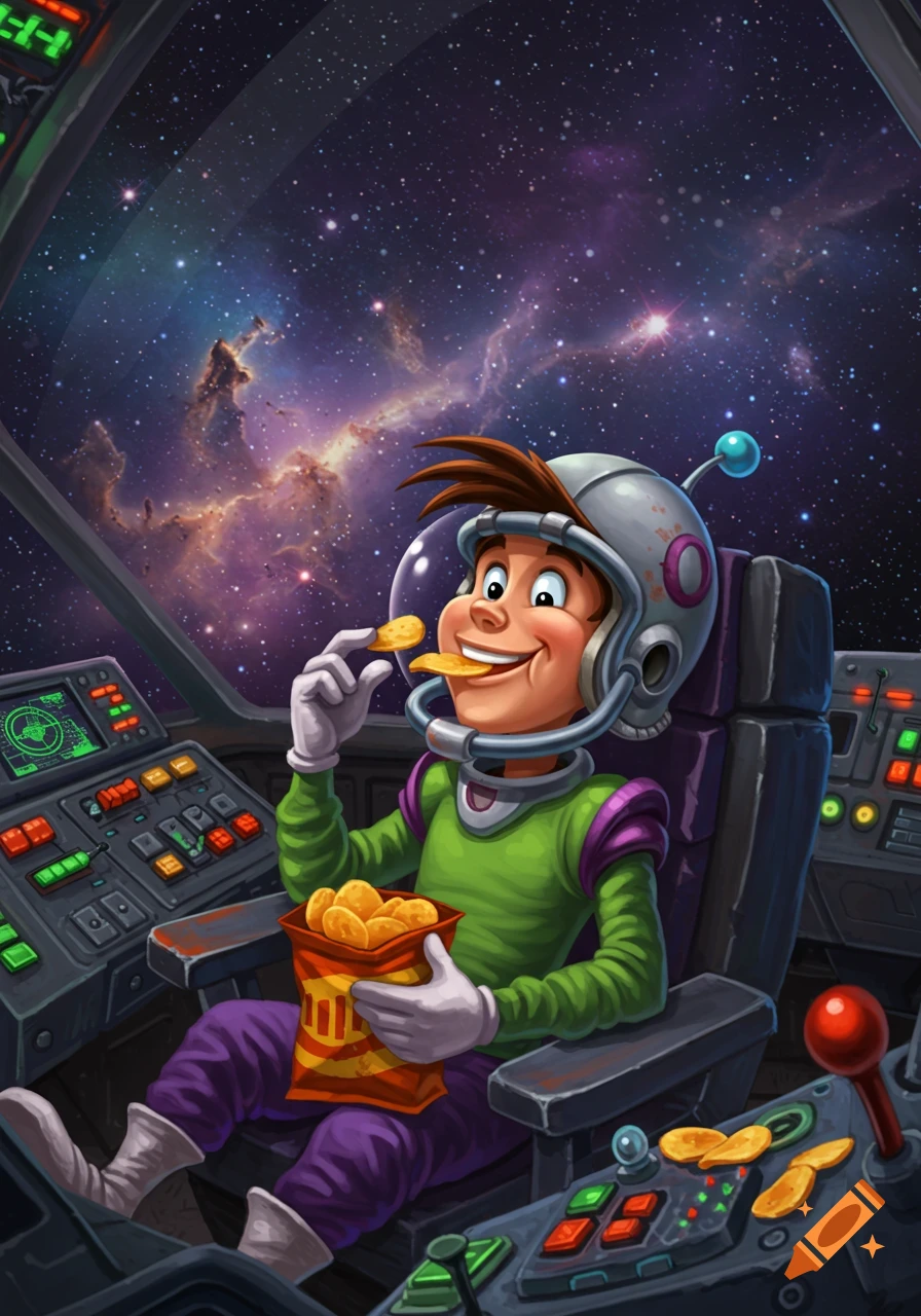 A cartoon Commander Keen in a spaceship, wearing a helmet, happily eats potato chips, with a starry nebula visible outside.