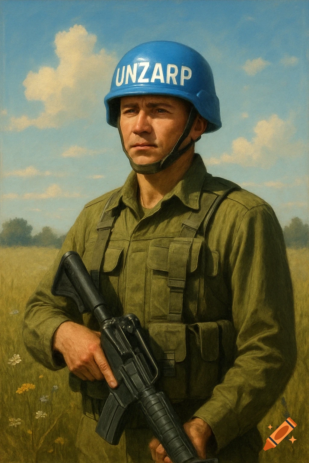 A peacekeeper in a green uniform and blue UNZARP helmet stands in a grassy field, holding a rifle, painted in a realistic style.