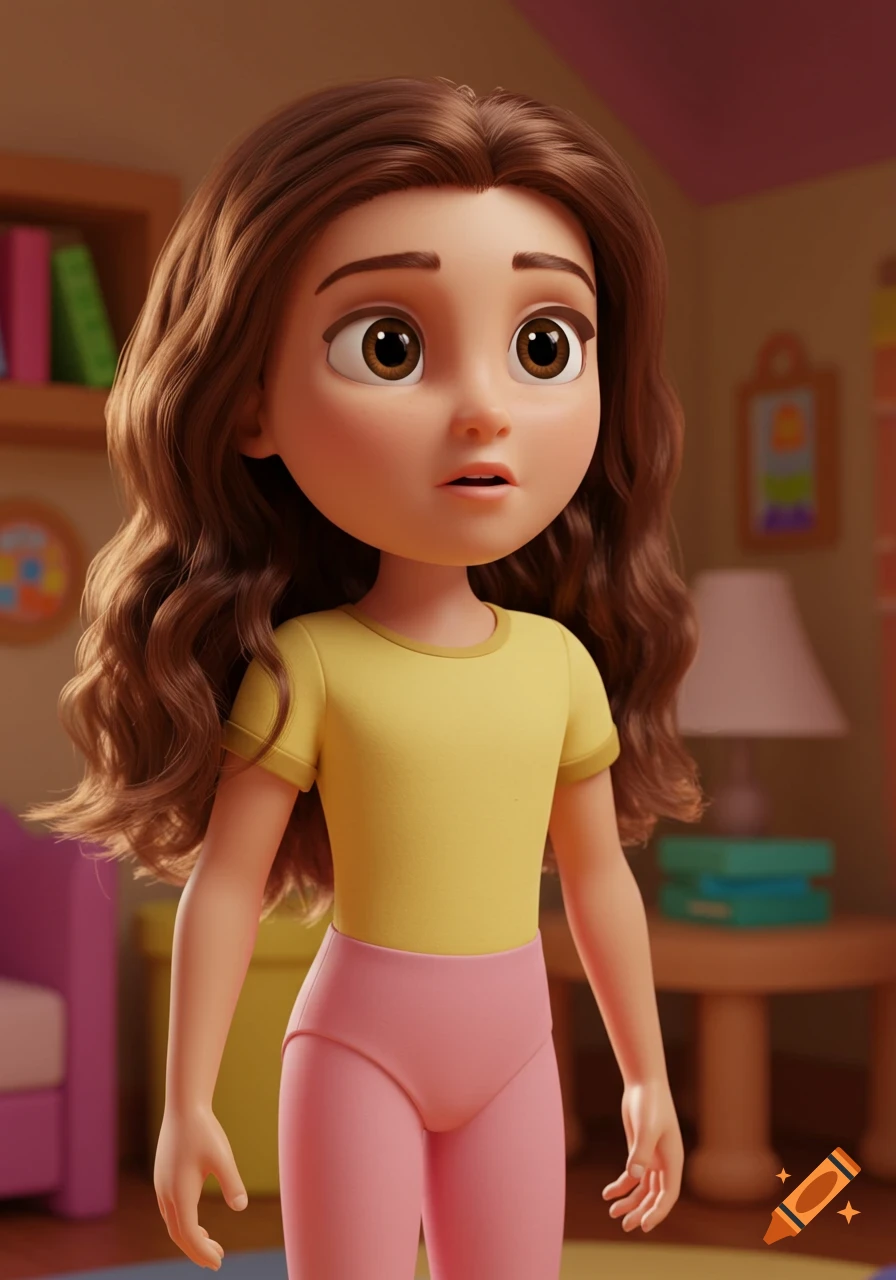 A 3D animated cartoon girl with long brown wavy hair and brown eyes, wearing a yellow t-shirt and pink pants, stands in a colorful room.