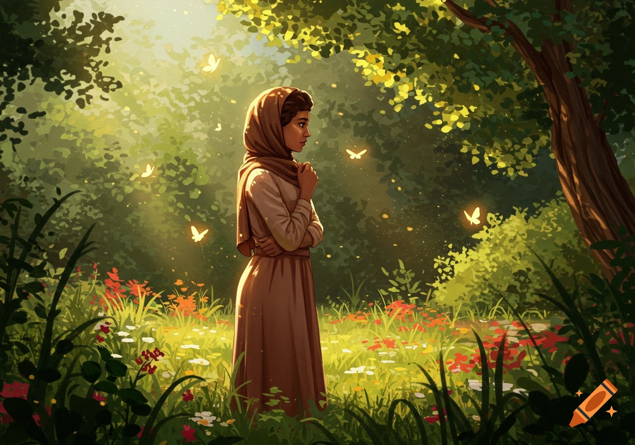 An illustrated image of a woman in a brown head covering and dress, standing in a sun-dappled forest clearing with glowing butterflies.