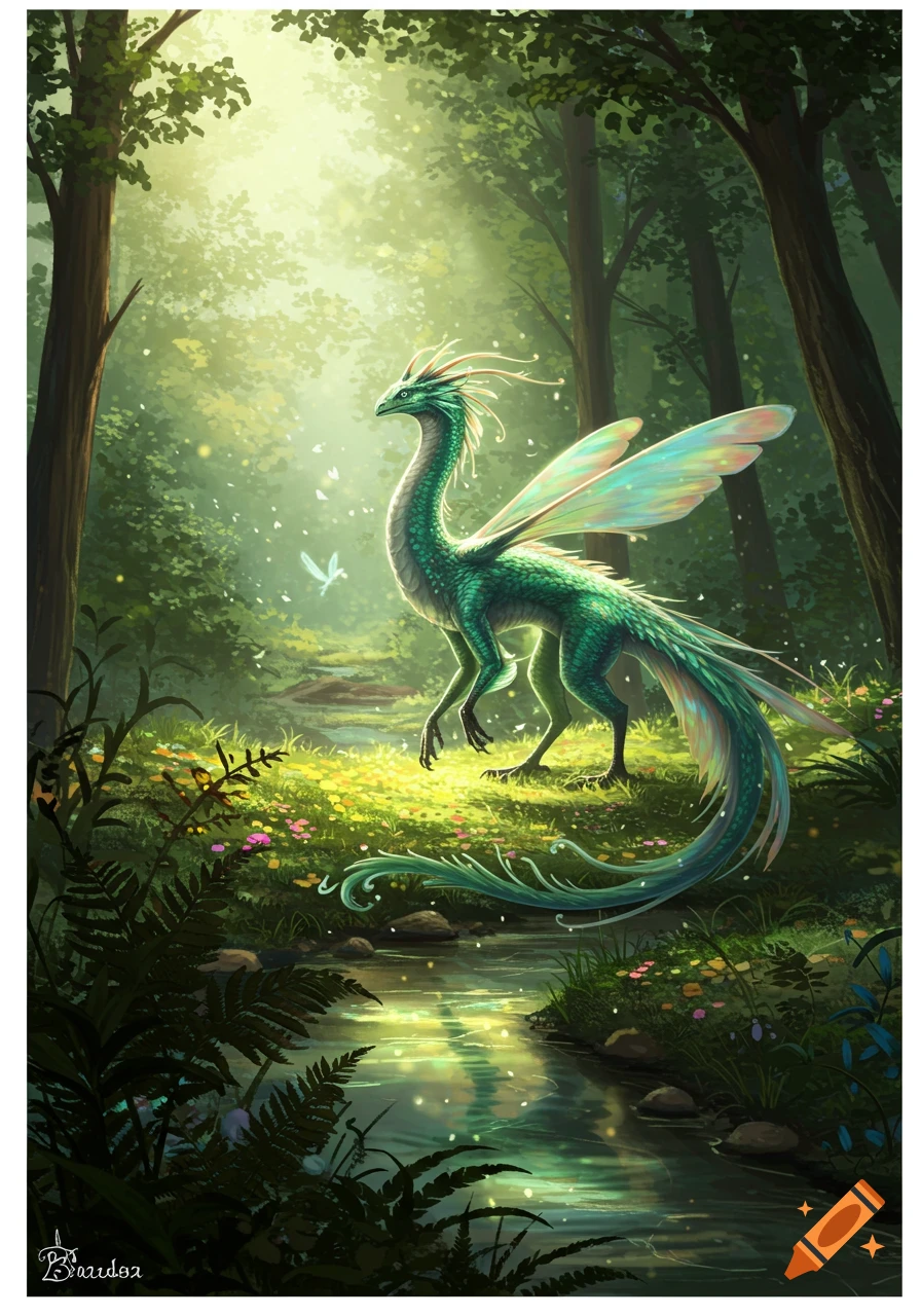 A vibrant green feathered dragon with iridescent wings stands in a magical, sun-dappled forest with a sparkling stream, illustrated.